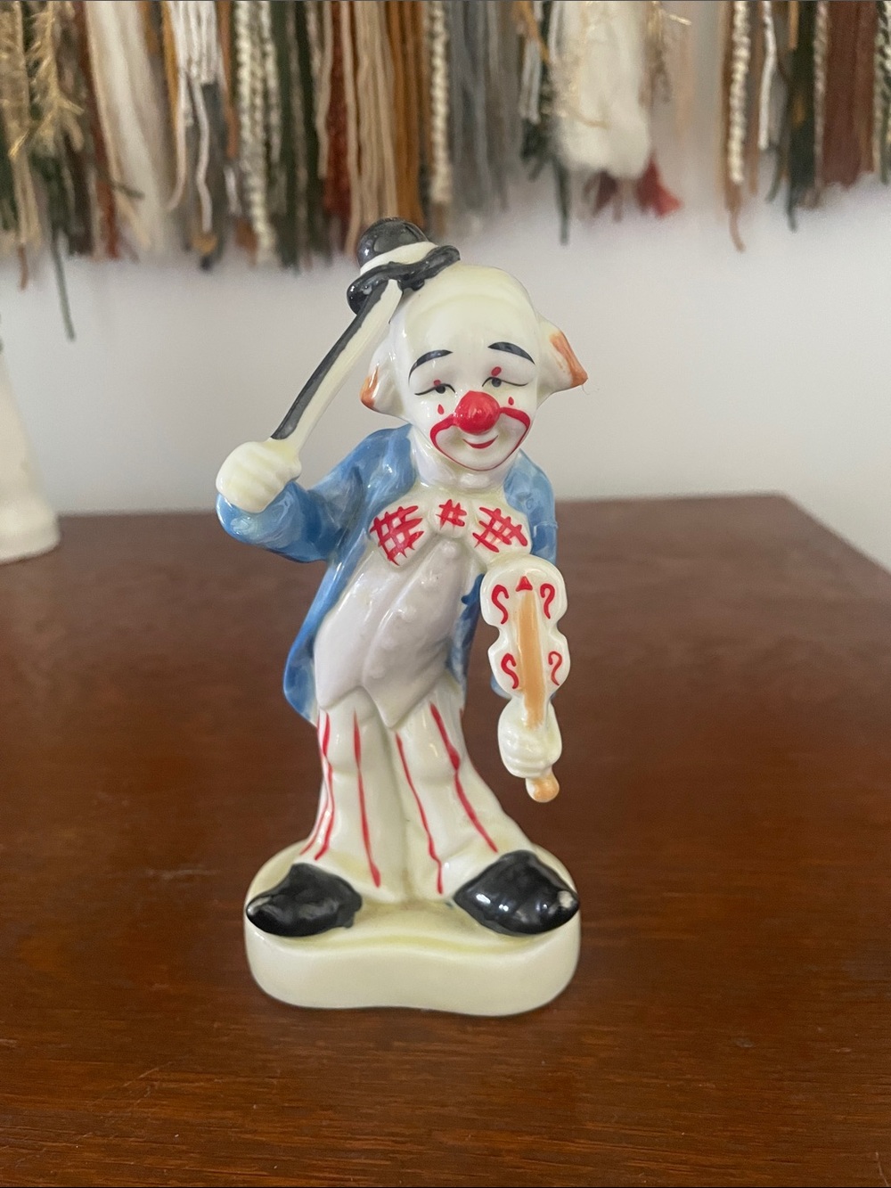 Vintage Porcelain whimsical Clown Figurine - Red, Blue, Black Accents - homco